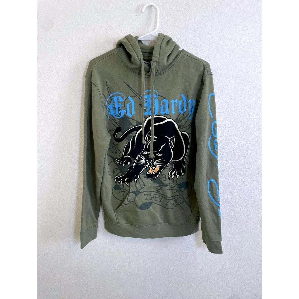 Y2K Ed Hardy Mens Small Green Panther Tattoo Graphic Hoodie‎ Sweatshirt